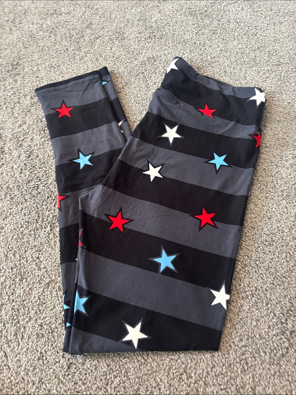 LuLaRoe Kids Black & Gray Striped Leggings with Red, Blue & White Stars